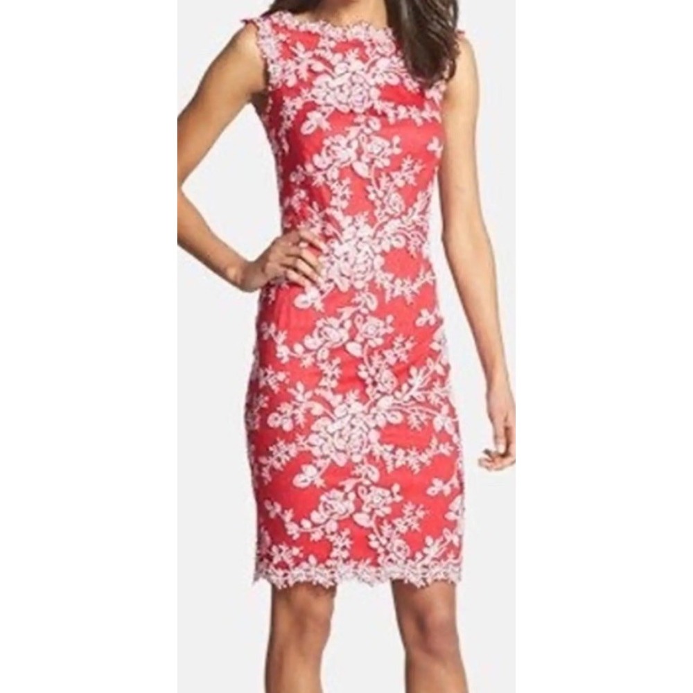 TADASHI SHOJI Red Lace Overlay W/ White Embellishments Boatneck Dress (Size 12)